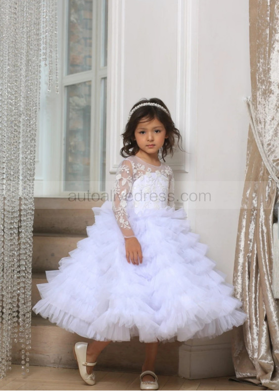 Beaded White Lace Tulle Ruffled Flower Girl Dress Beaded White Lace Tulle Ruffled Flower Girl Dress